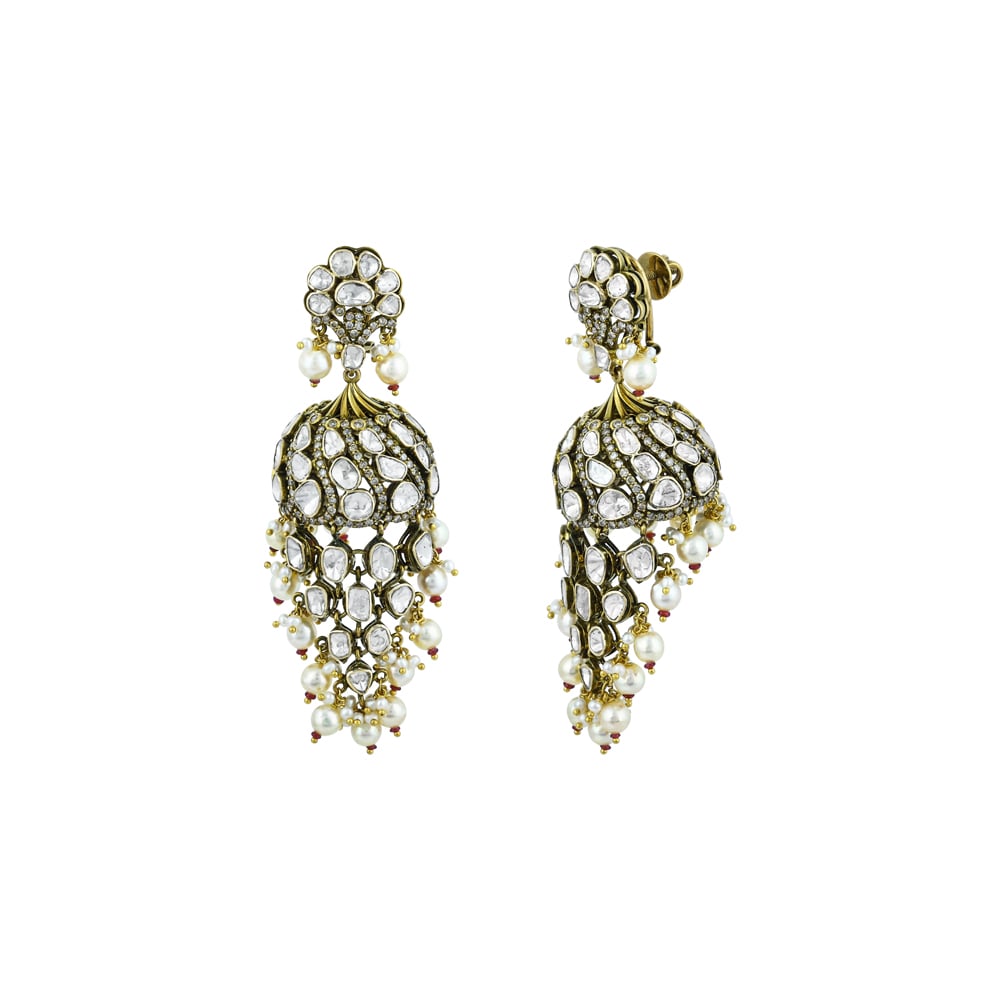 Jhumka Polki Earrings with Pearl Beads and Antique Charm